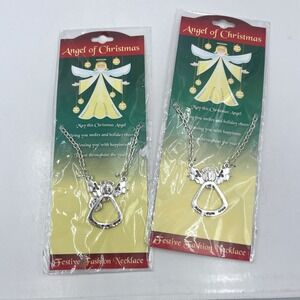 2pc Silver Tone Angel of Christmas Holly Festive Holiday Gift Pendant Necklace
